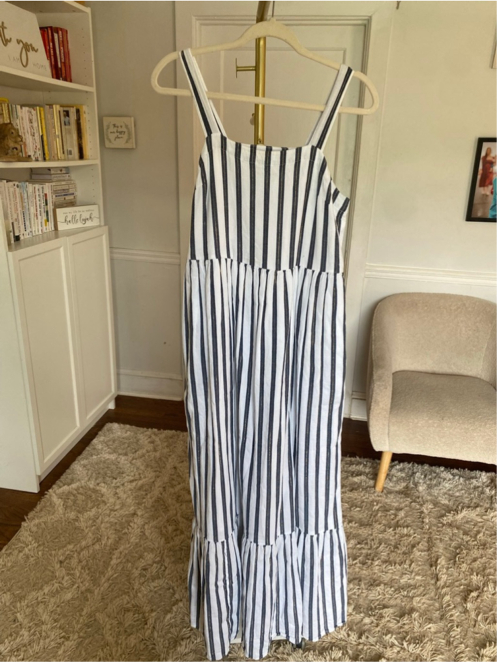 Crown & Ivy Maxi Dress White Navy Gold Stripe Cotton Coastal Resort 4th of July - Picture 2 of 8